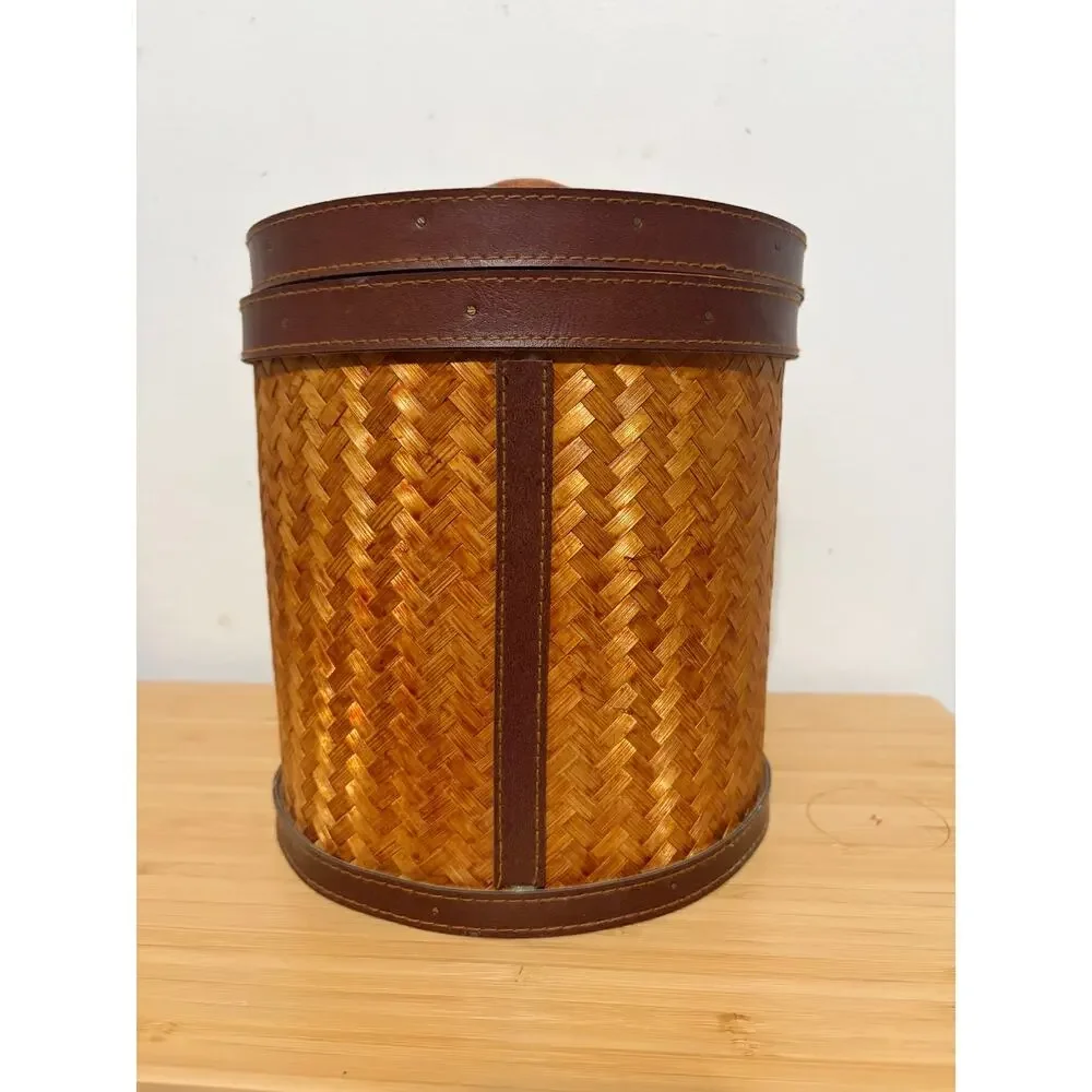 Vintage Woven Rattan Ice Bucket Faux Leather Trim Insulated Tiki Barware